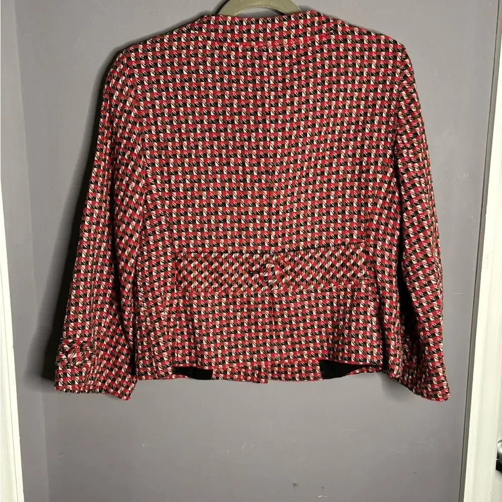 LOFT Red Black Plaid Tweed Button Front Blazer 6